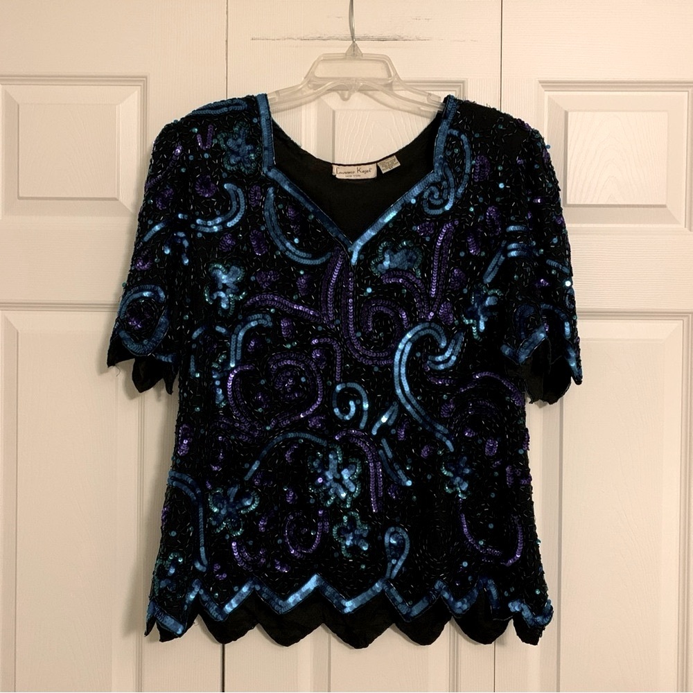 Vintage Laurence Kazar Beaded Sequin Formal Silk Top